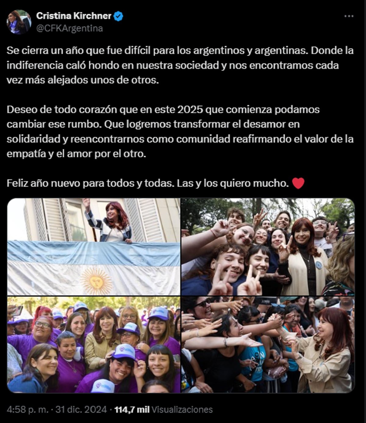 "Deseo que en este 2025 que comienza podamos cambiar de rumbo" (Foto: twitter CFK)