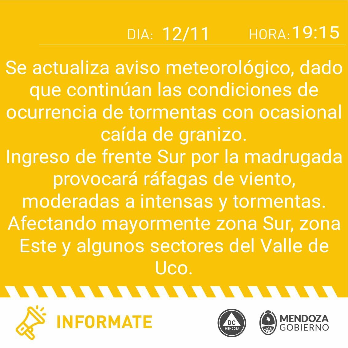 Defensa Civil renovó el alerta de tormentas y granizo para Mendoza.