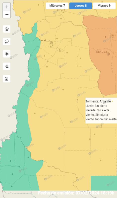 Mapa de alerta amarilla por tormentas del Servicio Meteorológico Nacional para este jueves 8 de febrero.