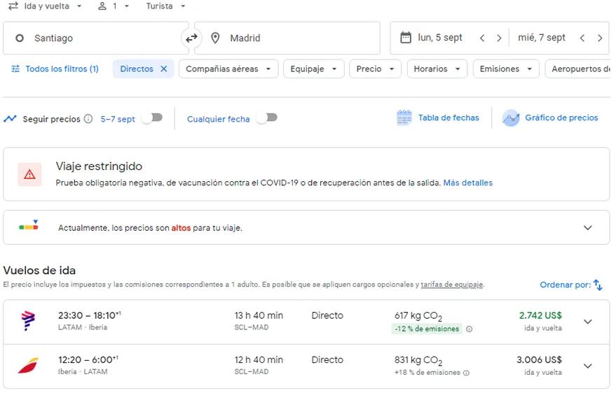 Los precios de vuelos de Santiago a Madrid. Foto: Captura Google Flight