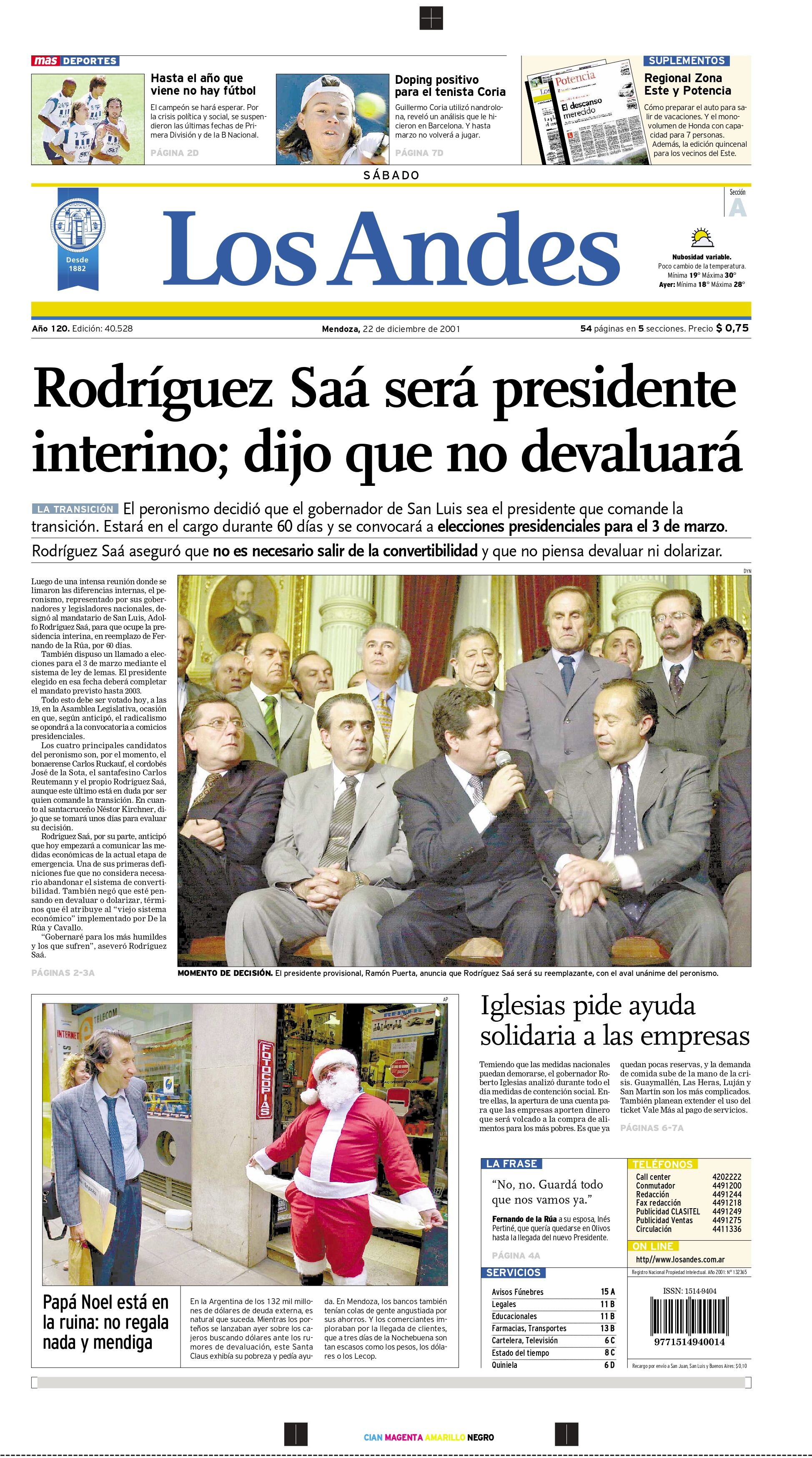 Tapa de Los Andes del 22 de diciembre de 2001