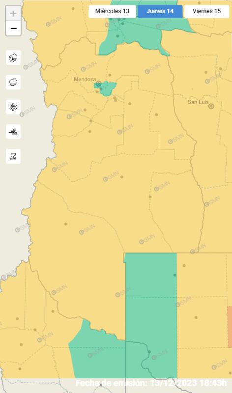 Mapa de alerta amarilla del Servicio Meteorológico Nacional para este jueves 14/12.
