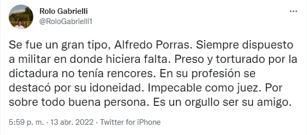 El ex gobernador Rodolfo Gabrielli recordó a Porras y destacó su idoneidad profesional y su calidad humana.