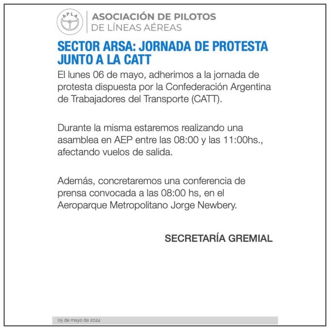 Detalle de las actividades de la Jornada de Protesta junto a la CATT de mañana, lunes 06 de mayo. Imagen: X / @aplapilotos