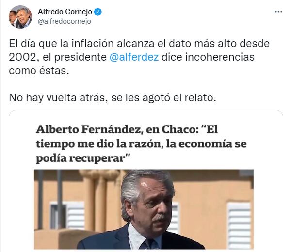 El senador nacional disparó una vez más contra Fernández por la inflación.