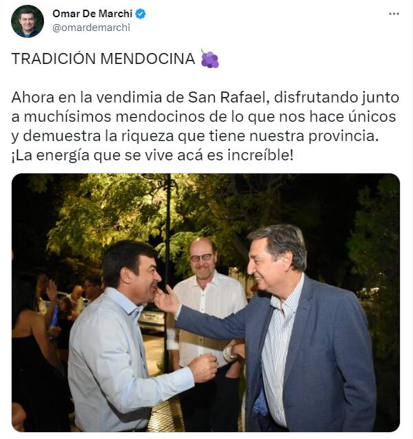 El diputado nacional Omar De Marchi y el intendente de San Rafael, Emir Félix en la Vendimia departamental.