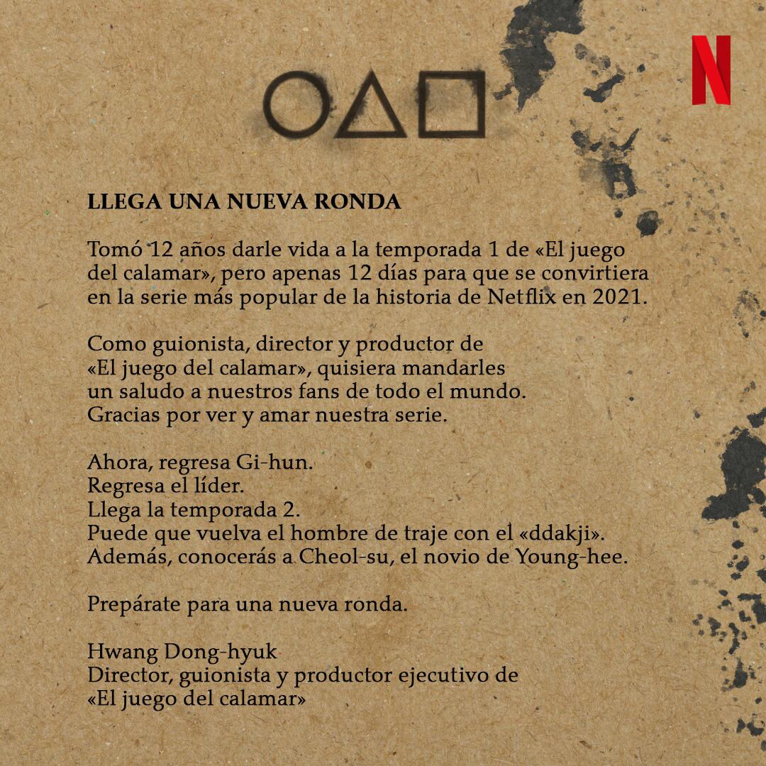 La confirmación de la segunda temporada de "El Juego del Calamar". (Netflix)