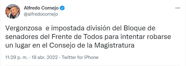 El senador nacional Alfredo Cornejo no cree en la ruptura del bloque del Frente de Todos.