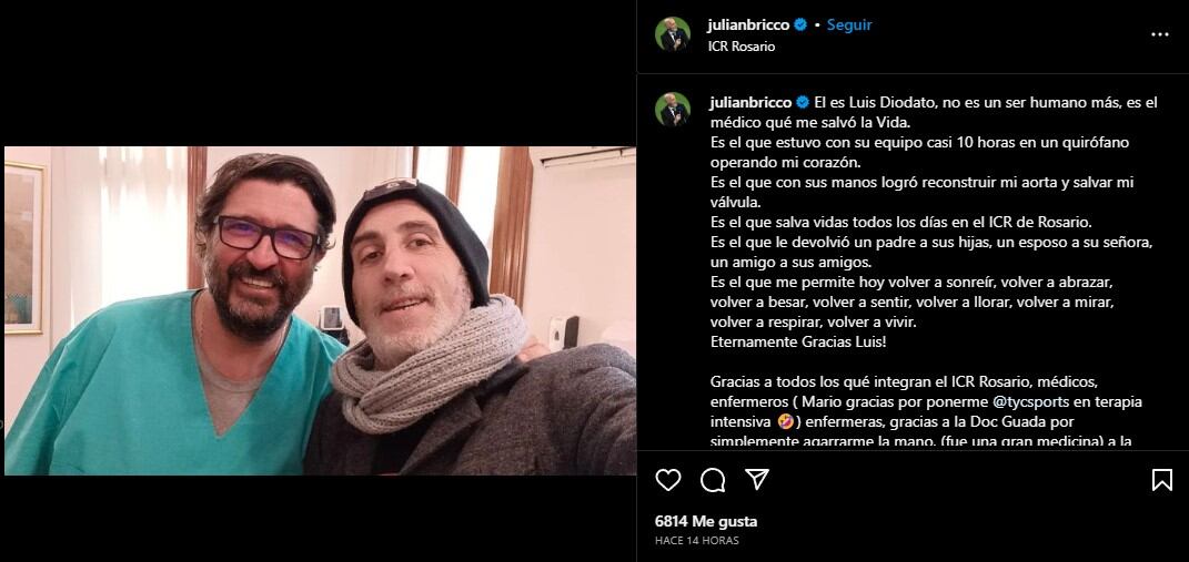 El mensaje de Julián Bricco en Instagram. Foto: captura.