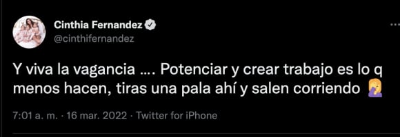 La publicación de Cinthia en Twitter contra los que manifiestan