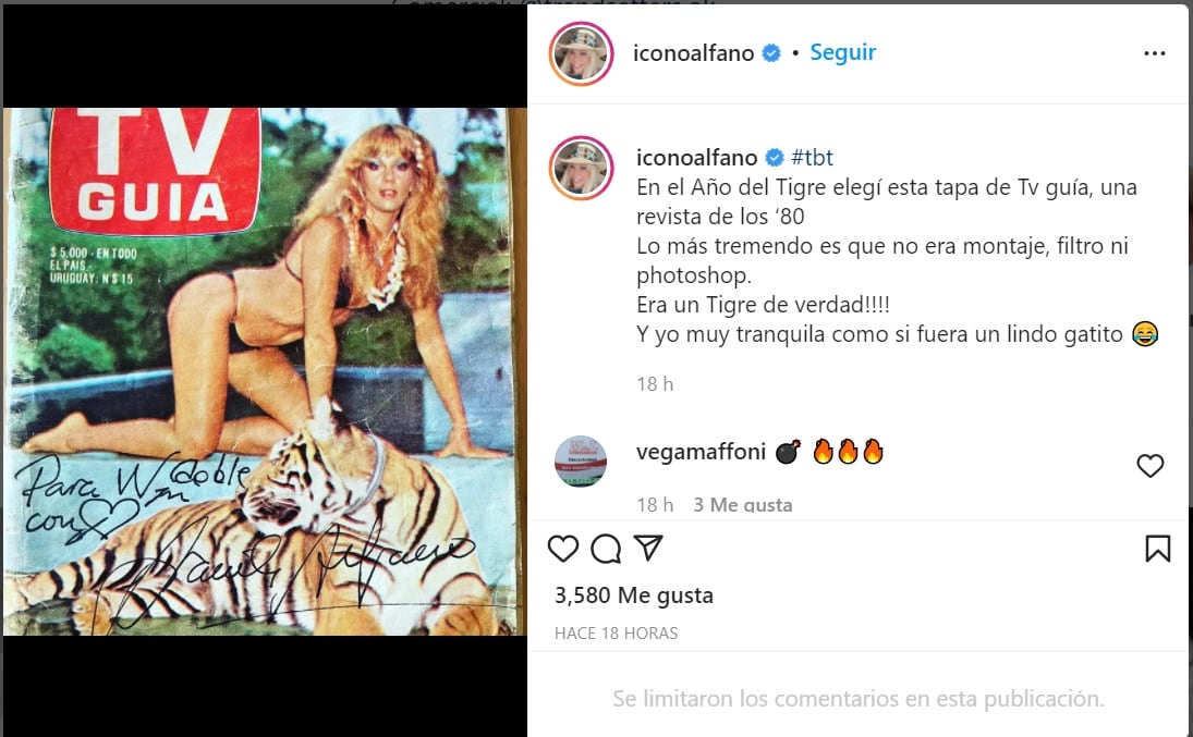 Graciela Alfano compartió una tapa de revista de los ‘80 en la que posó en bikini junto a un tigre real.