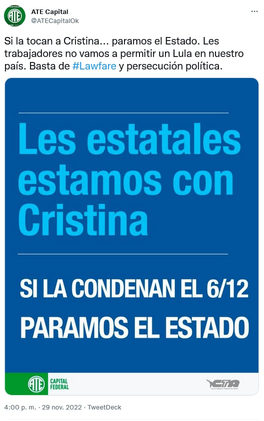 ATE aseguró que paralizará el Estado si Cristina Kirchner es condenada por corrupción. Twitter