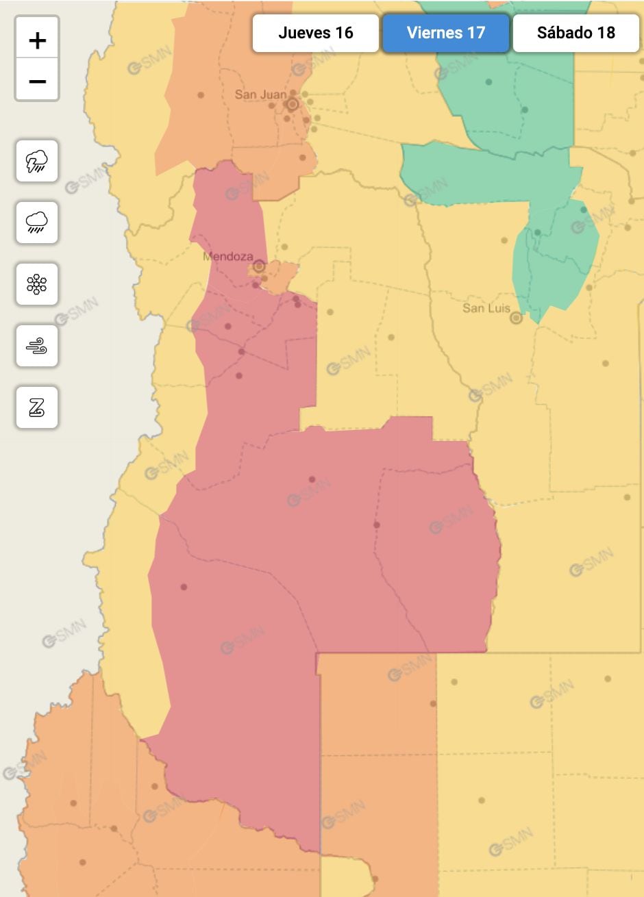 Mapa del Servicio Meteorológico Nacional sobre las alertas de este viernes 17 para Mendoza. Foto: SMN