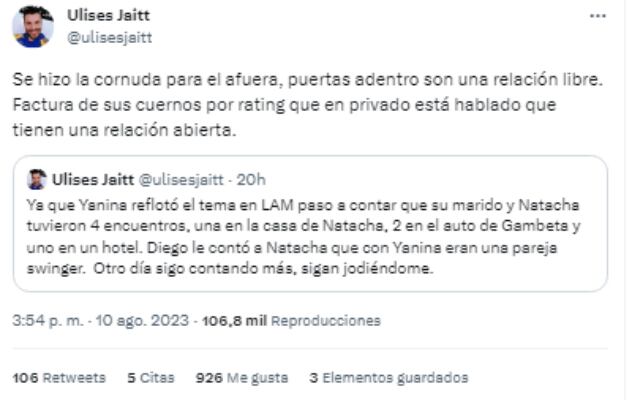 Ulises Jaitt arremetió contra el matrimonio Latorre. (Captura de Twitter)