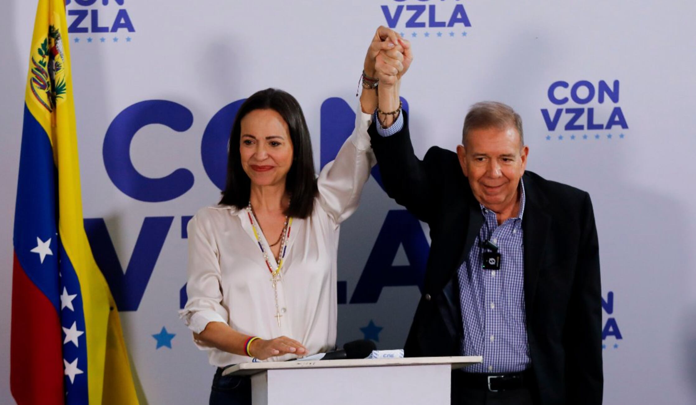 La líder María Corina Machado y el candidato presidencial Edmundo González Urrutia aseguraron tener pruebas de su triunfo electoral ante Maduro en Venezuela