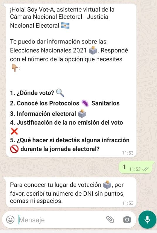 El chatbot de la CNE por WhatsApp. Te dice dónde votás, por ejemplo. 