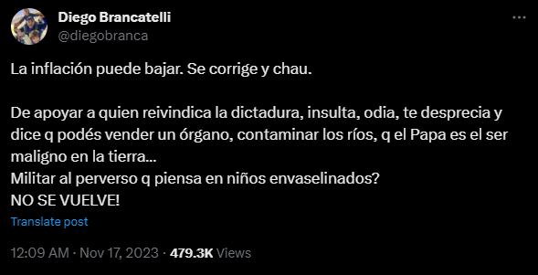 El posteo de Brancatelli sobre la inflación en Argentina. Foto Captura: X / @diegobranca