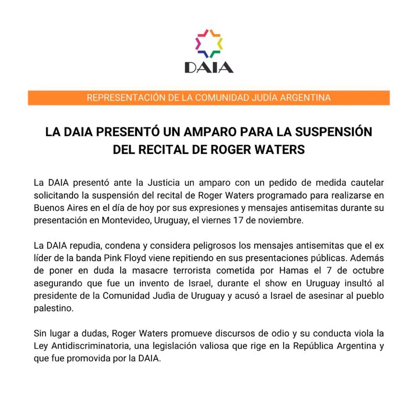 La DAIA presentó un recurso de amparo para suspender recital de Roger Waters en Buenos Aires