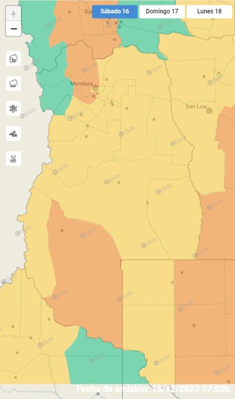 Alerta naranja para el este de Las Heras y Luján por Zonda. El mismo se repite para el este de Malargüe.

Mapa de alertas del Servicio Meteorológico Nacional para este sábado 16/12.