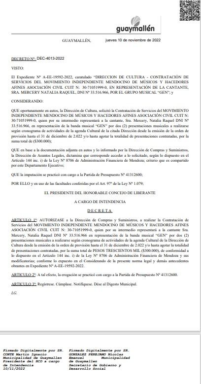 Captura del decreto que fijó la contratación