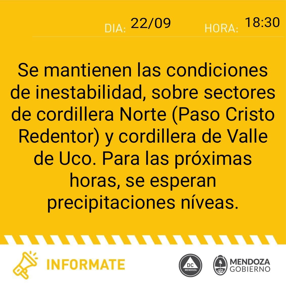 Comunicado del Gobierno provincial sobre las condiciones climáticas para el 22 y 23 de septiembre.