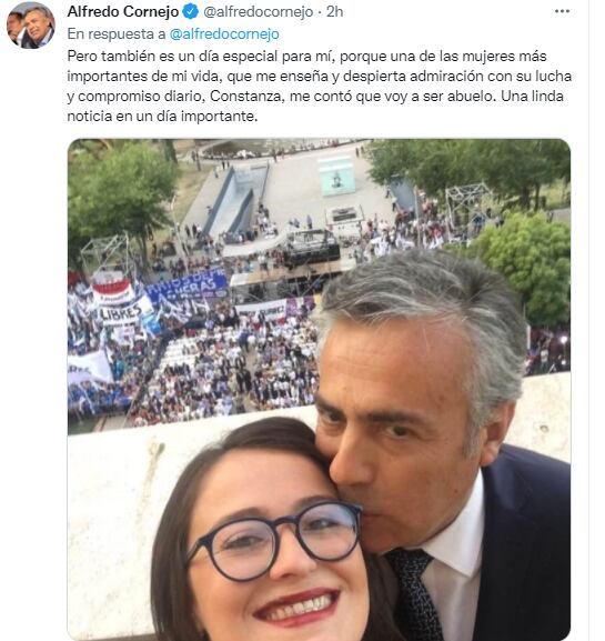 Alfredo Cornejo compartió en sus redes sociales que va a ser abuelo.