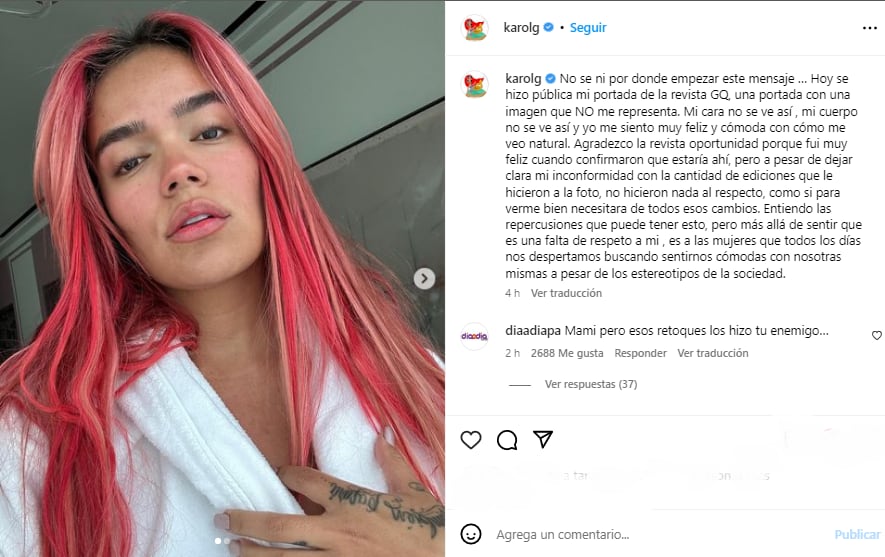 Karol G y su descargo ante la edición de sus fotos en la revista GQ