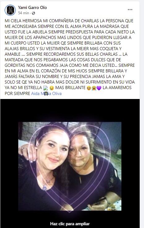 Dolor en las redes sociales tras el femicidio de María Oliva (52) en Papagayos (Facebook)