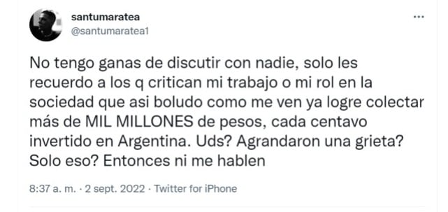 Santi maratea sobre las críticas en Twitter