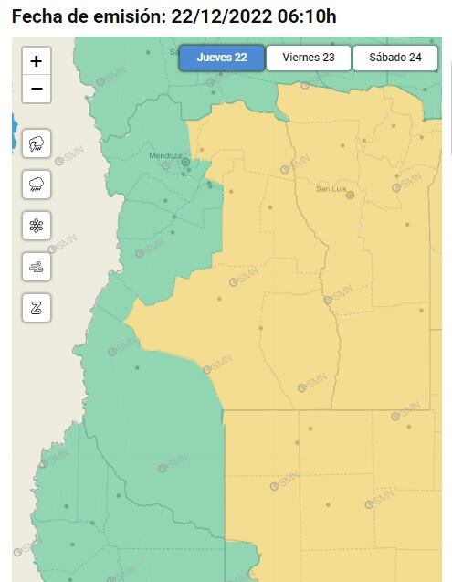 Alerta amarilla por tormentas en Mendoza (22/12/22) - SMN
