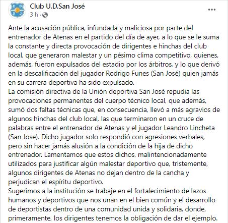 Comunicado de la Unión Deportiva SanJosé. / Gentileza.