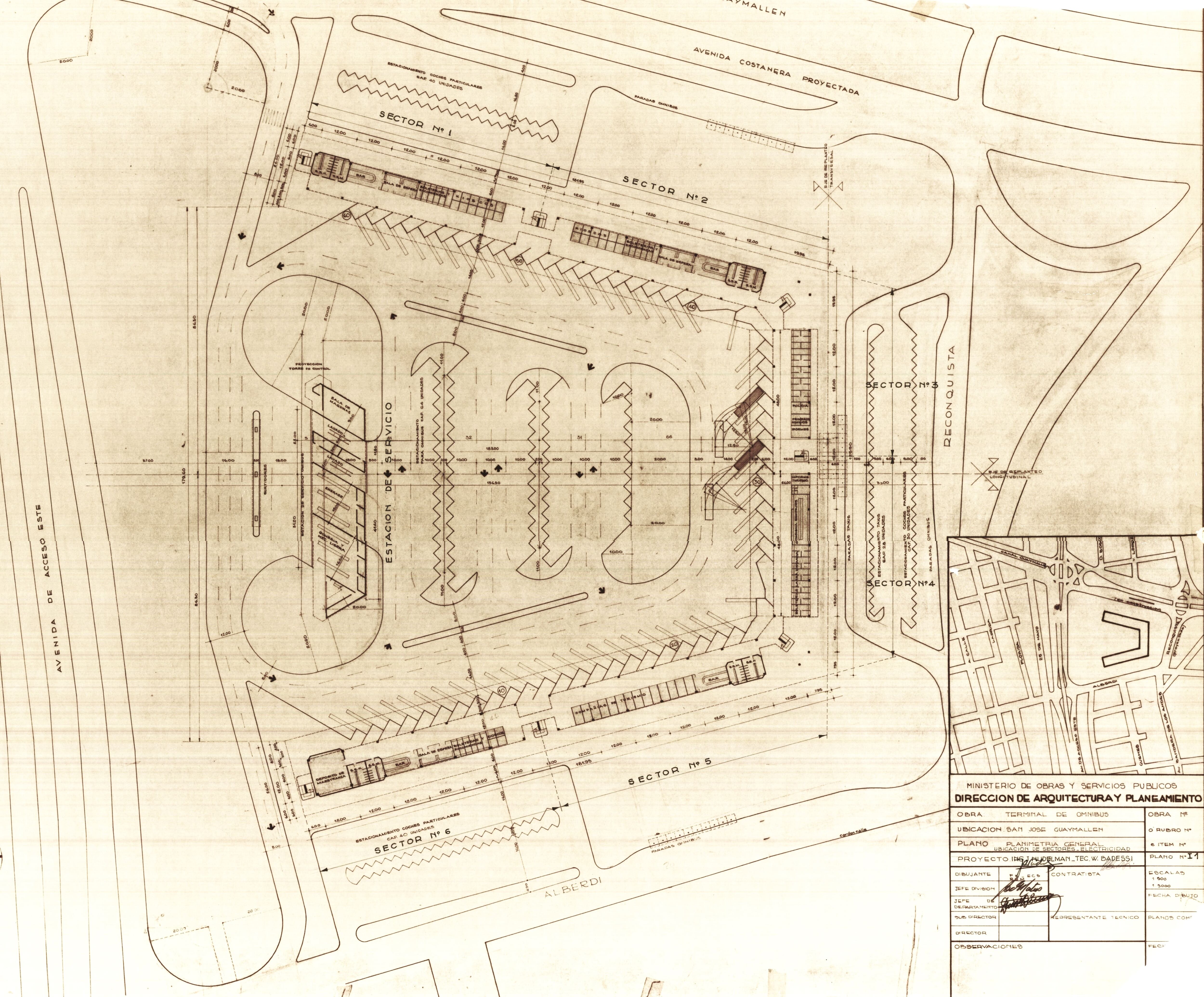 Planimetría general. Fuente: Archivo Digital de la Dirección de Arquitectura e Ingeniería, Ministerio de Planificación e Infraestructura Pública (DAI-MIPIP),  Gobierno de Mendoza.