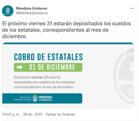 El próximo viernes 31 estarán depositados los sueldos de los estatales, correspondientes al mes de diciembre.