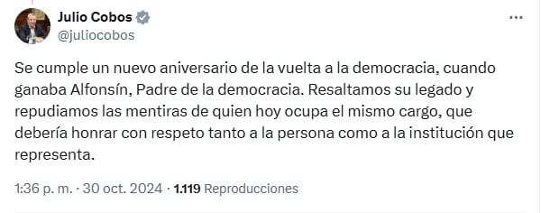 Julio Cobos apuntó contra Javier Milei por sus críticas a Raúl Alfonsín.