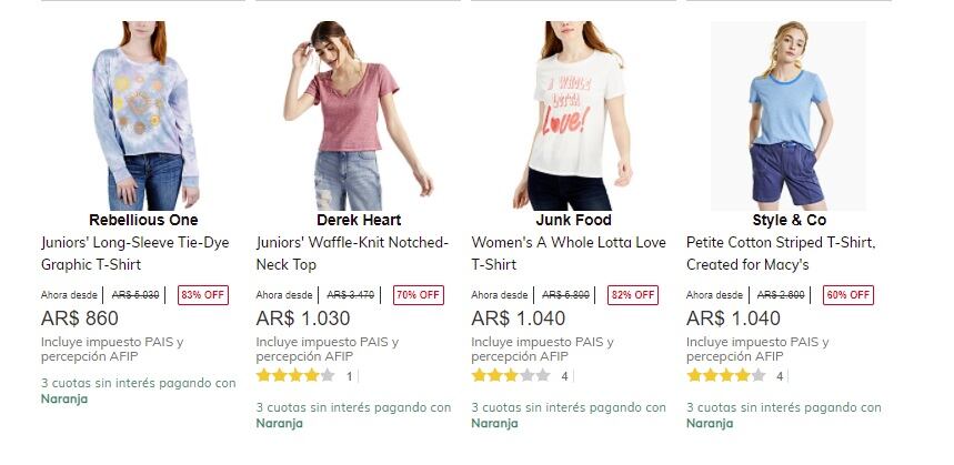 Precios de remeras en Macy's - 