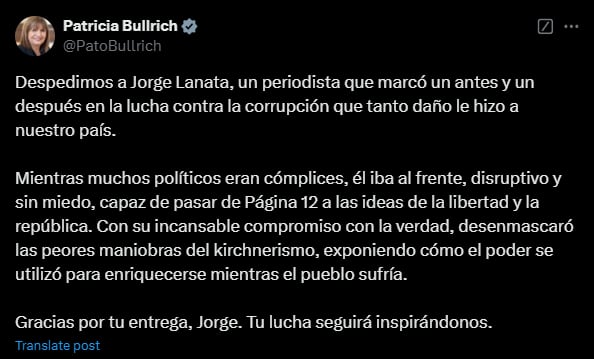 Periodistas y dirigentes políticos expresaron en las redes sociales sus mensajes de condolencias tras el fallecimiento de Jorge Lanata.