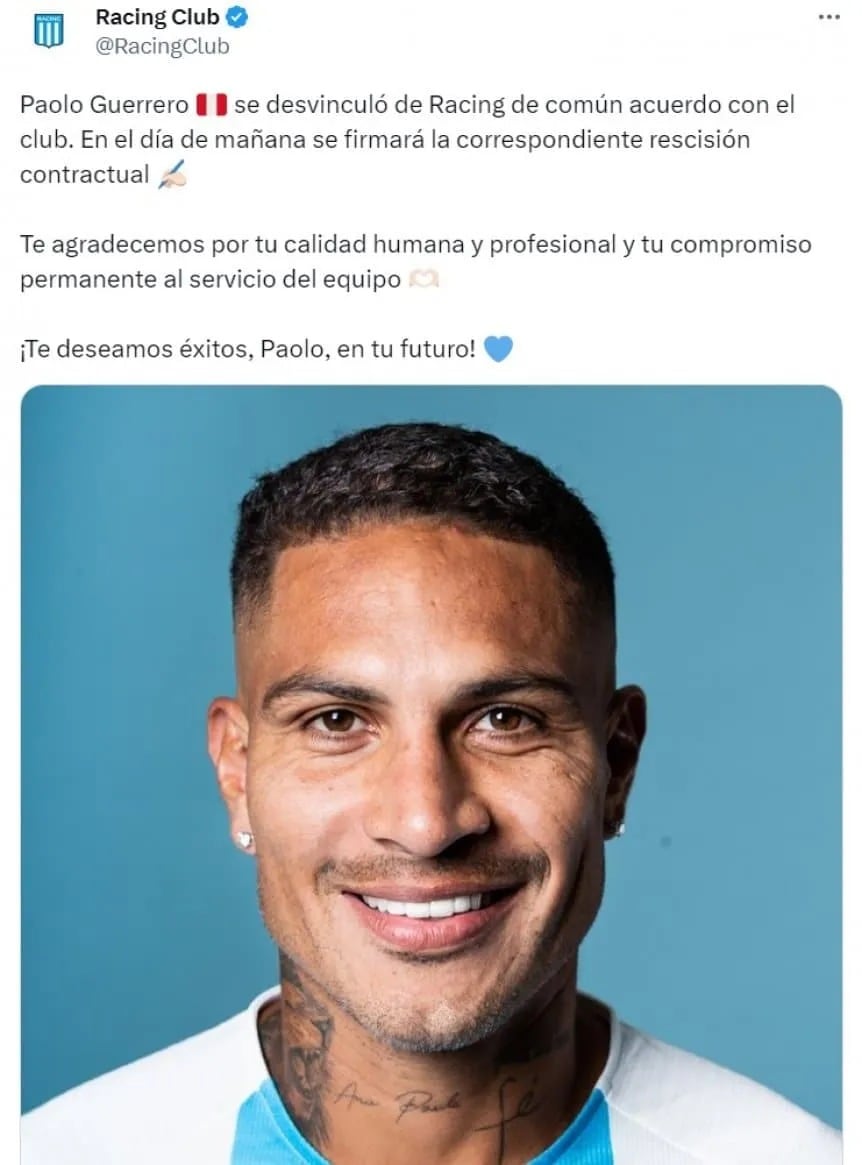 Racing despidió en sus redes a Paolo Guerrero. / Gentileza.