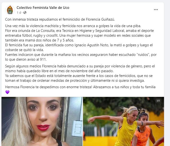 Mensajes en redes tras el femicidio de Florencia Guiñazú (Facebook)