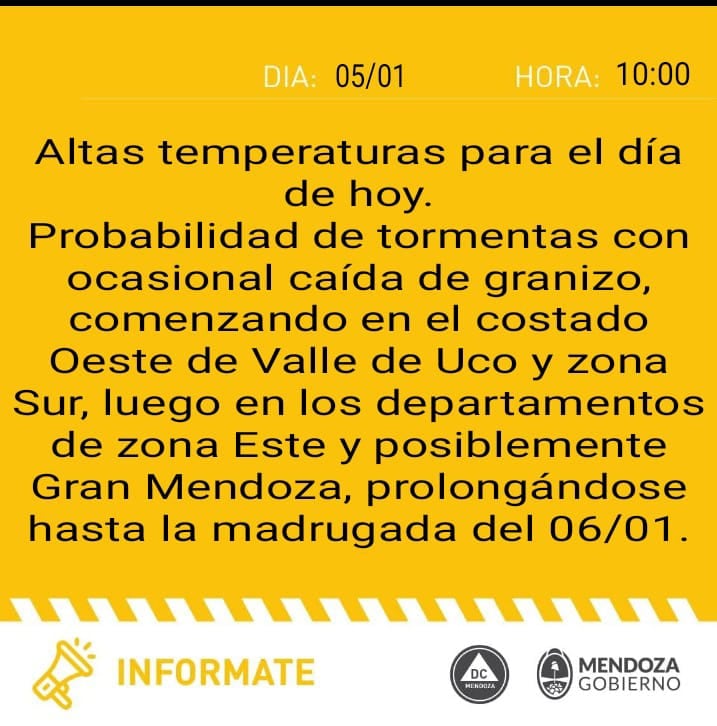 Alerta por tormentas con granizo en Mendoza (Defensa Civil)