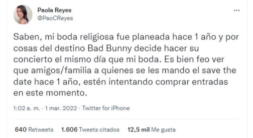 Una joven compartió en Twitter la tristeza que sintió cuando se enteró que sus familiares y amigos no asistirían a su boda por ir a ver a Bad Bunny.