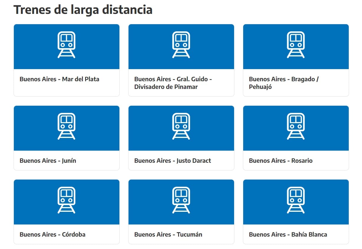 La web de Trenes Argentinos sin el destino Palmira. Foto: captura