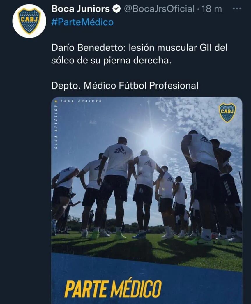 Parte Médico de Boca sobre la lesión de Darío Benedetto.