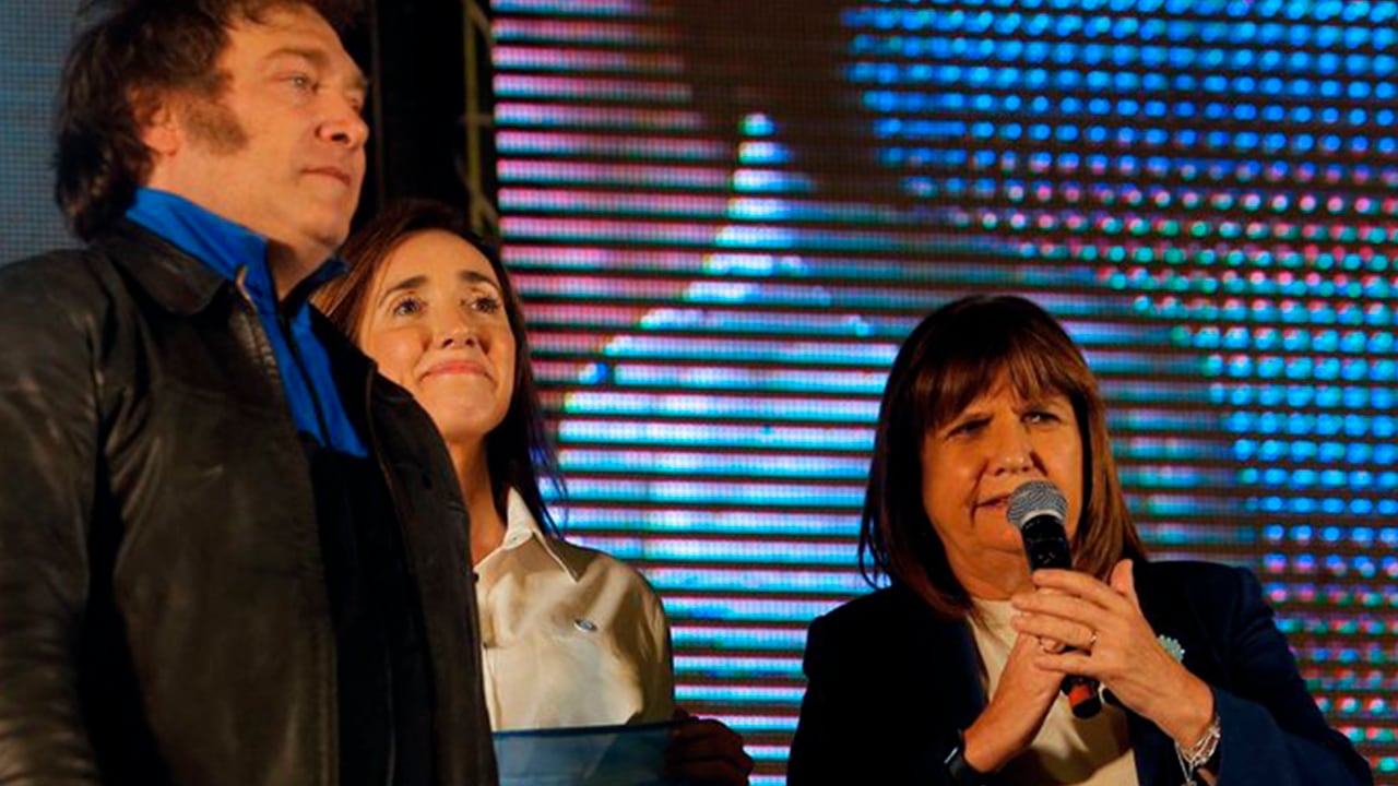 Patricia Bullrich junto a Javier Milei y Victoria Villarruel. Foto archivo: Clarín