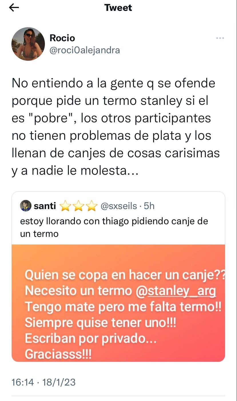 Thiago, ex Gran Hermano, pidió canje de Stanley y desató el debate.