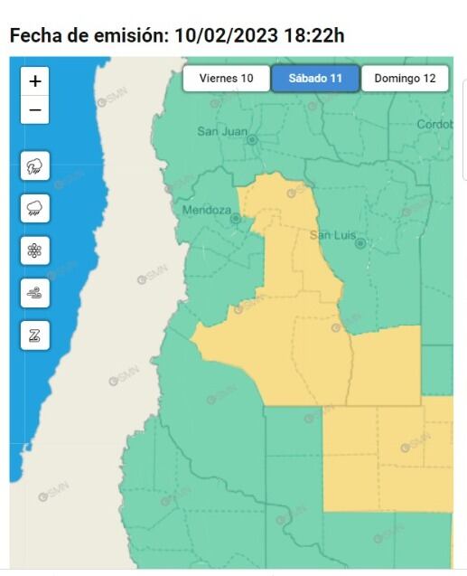 Alerta amarilla por tormentas para el día sábado 11 de febrero. Foto: Servicio Meteorológico Nacional