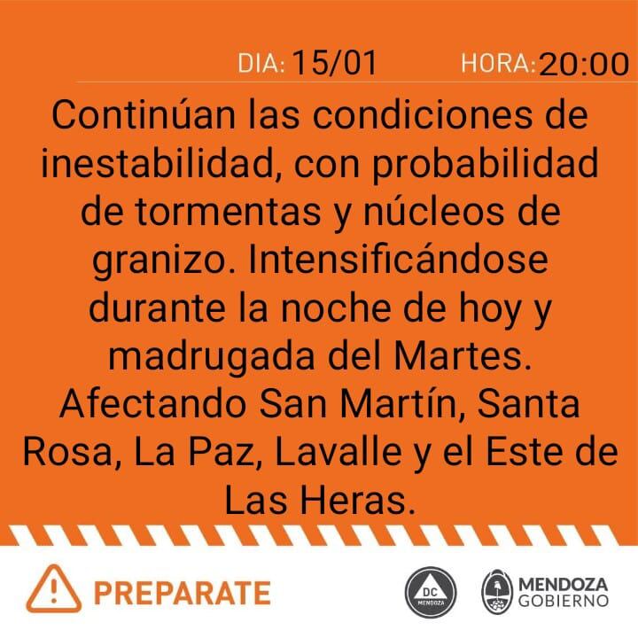 Rige una alerta naranja y otra amarilla por tormentas en Mendoza e ingresa un frente frío para este martes 16 de enero de 2024.