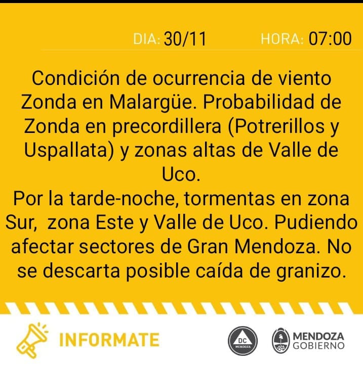 Sábado 30 de noviembre: alerta amarilla por tormentas y Zonda en el territorio mendocino.