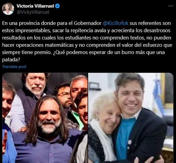 La dura crítica de Victoria Villarruel a Kicillof. Gentileza: Captura X @VickyVillarruel.