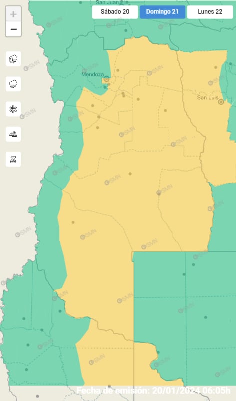 Mapa de alertas amarillas por tormentas del Servicio Meteorológico Nacional para este domingo 20.