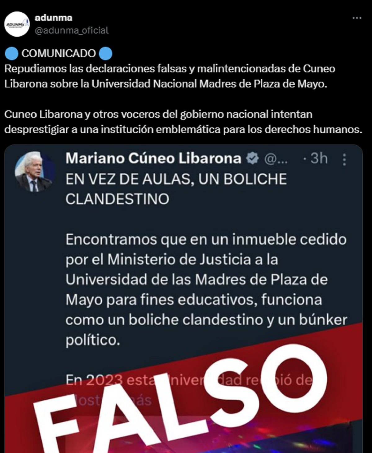 La institución repudió las declaraciones del ministro de Justicia y el vocero presidencial, calificándolas como “falsas y malintencionadas”.  (Foto: Twitter adunma)